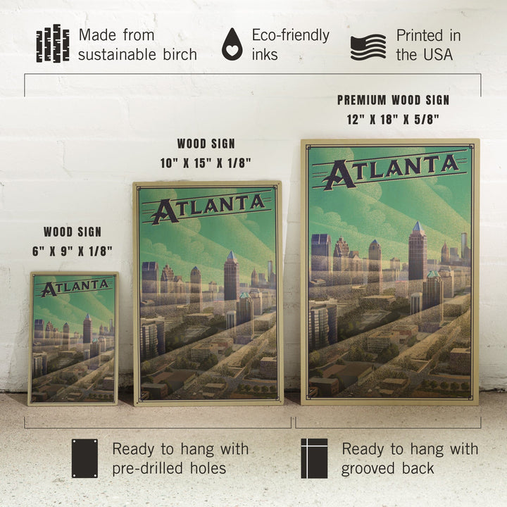 Atlanta, Georgia, Skyline, Litho, Lantern Press Artwork, Wood Signs and Postcards Wood Lantern Press 