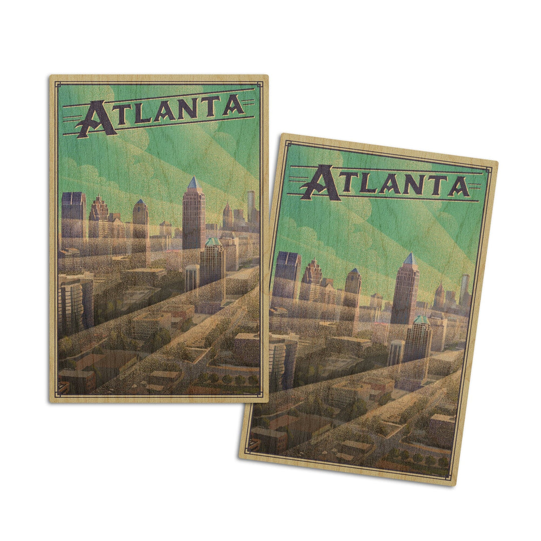 Atlanta, Georgia, Skyline, Litho, Lantern Press Artwork, Wood Signs and Postcards Wood Lantern Press 4x6 Wood Postcard Set 