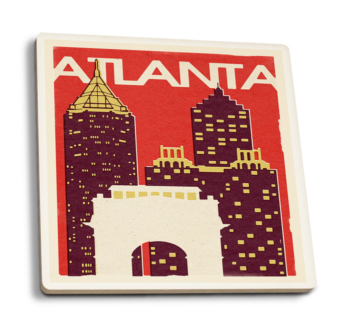 Atlanta, Georgia, Woodblock, Lantern Press Artwork, Coaster Set Coasters Lantern Press 