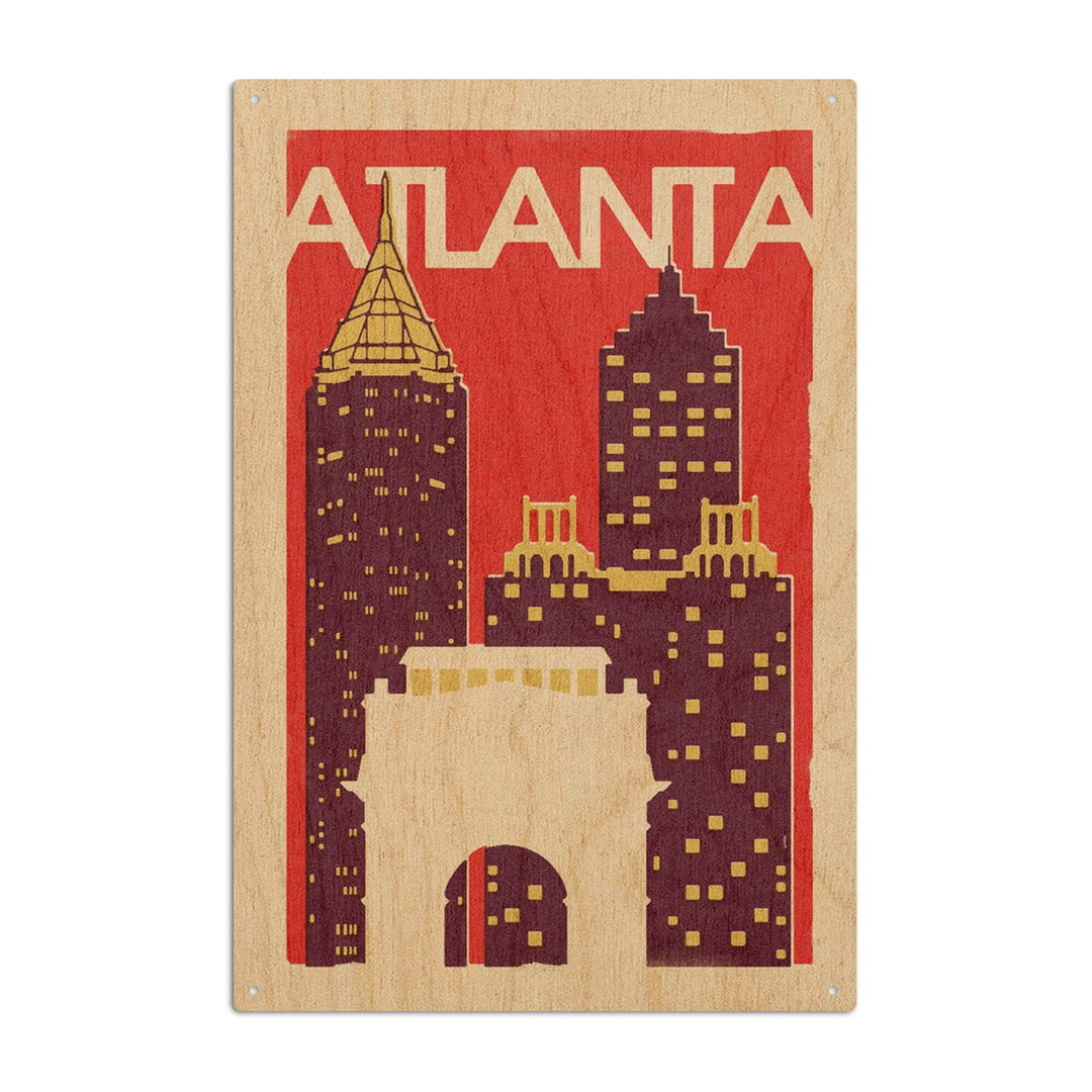 Atlanta, Georgia, Woodblock, Lantern Press Artwork, Wood Signs and Postcards Wood Lantern Press 10 x 15 Wood Sign 