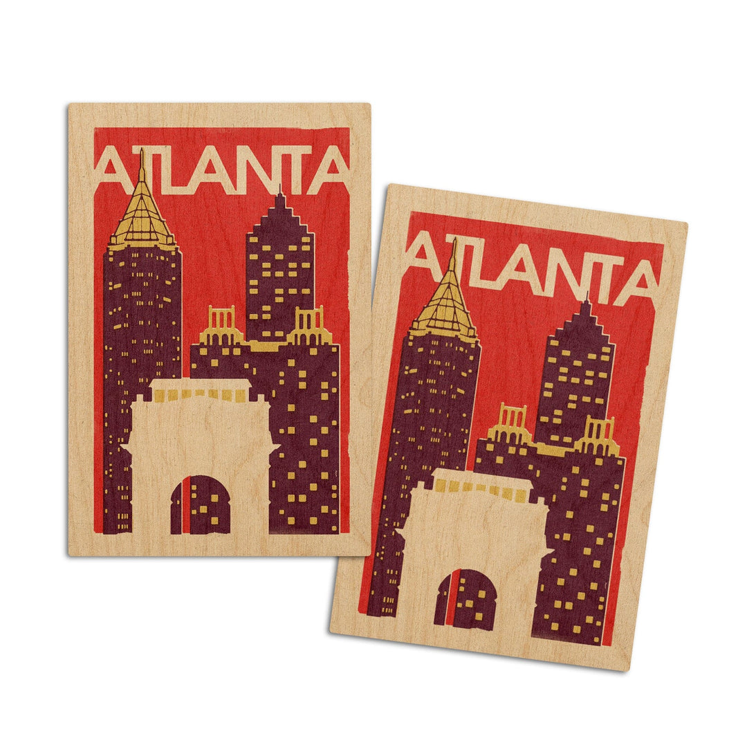 Atlanta, Georgia, Woodblock, Lantern Press Artwork, Wood Signs and Postcards Wood Lantern Press 4x6 Wood Postcard Set 