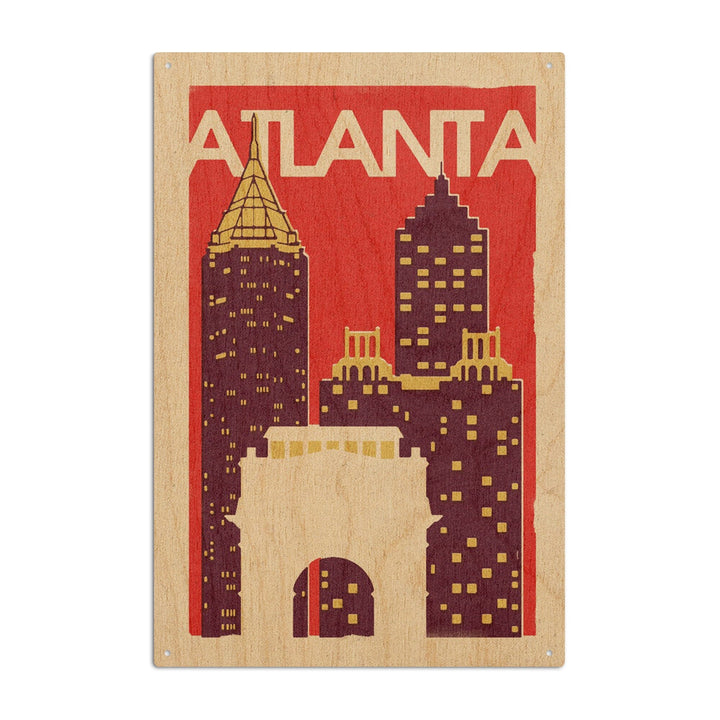 Atlanta, Georgia, Woodblock, Lantern Press Artwork, Wood Signs and Postcards Wood Lantern Press 6x9 Wood Sign 