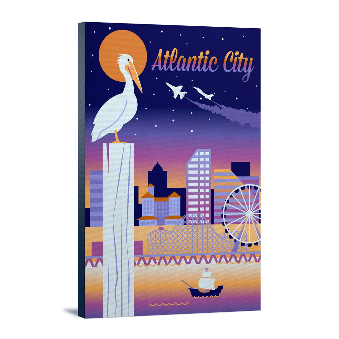 Atlantic City, New Jersey, Retro Skyline Chromatic Series, Lantern Press Artwork, Stretched Canvas Canvas Lantern Press 12x18 Stretched Canvas 
