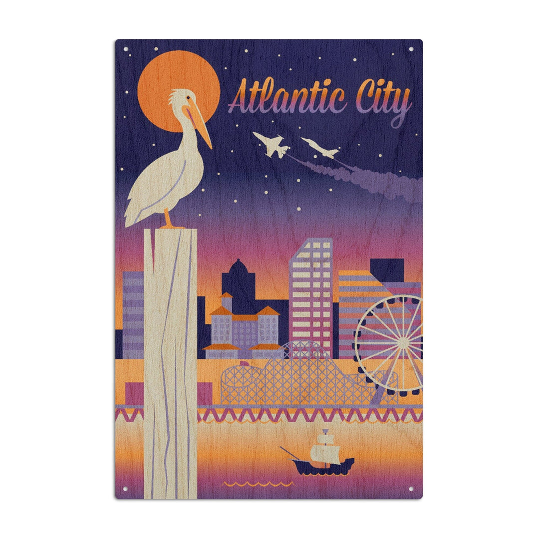 Atlantic City, New Jersey, Retro Skyline Chromatic Series, Lantern Press Artwork, Wood Signs and Postcards Wood Lantern Press 10 x 15 Wood Sign 