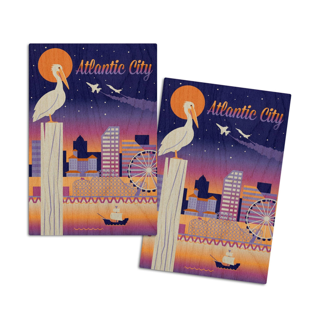 Atlantic City, New Jersey, Retro Skyline Chromatic Series, Lantern Press Artwork, Wood Signs and Postcards Wood Lantern Press 4x6 Wood Postcard Set 