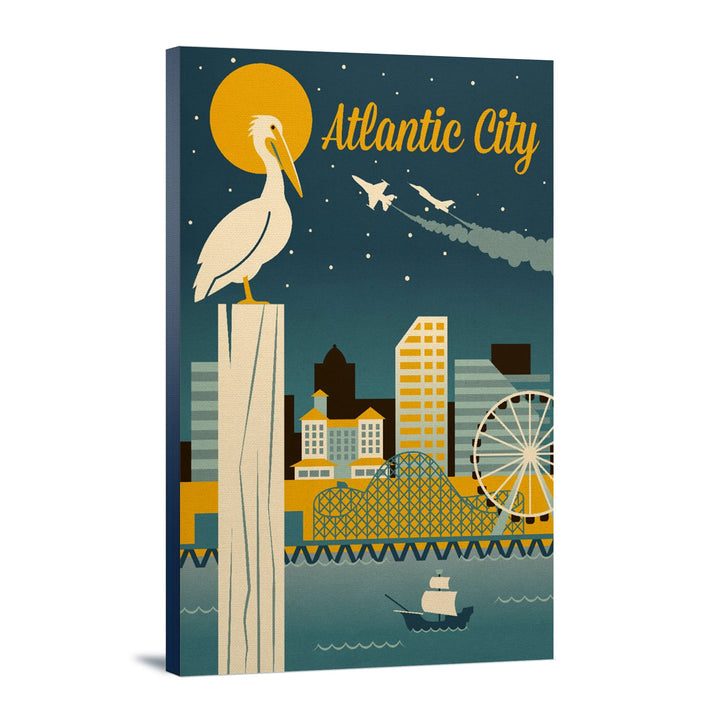 Atlantic City, New Jersey, Retro Skyline Classic Series, Lantern Press Artwork, Stretched Canvas Canvas Lantern Press 12x18 Stretched Canvas 
