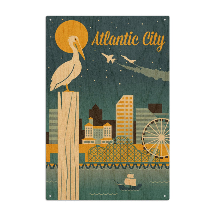 Atlantic City, New Jersey, Retro Skyline Classic Series, Lantern Press Artwork, Wood Signs and Postcards Wood Lantern Press 10 x 15 Wood Sign 