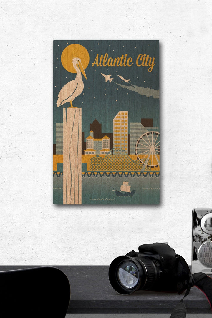 Atlantic City, New Jersey, Retro Skyline Classic Series, Lantern Press Artwork, Wood Signs and Postcards Wood Lantern Press 12 x 18 Wood Gallery Print 