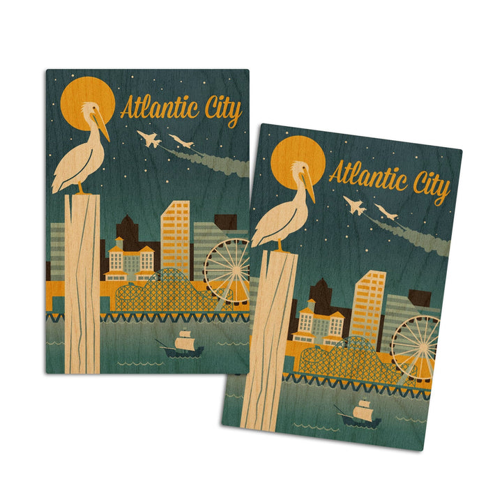 Atlantic City, New Jersey, Retro Skyline Classic Series, Lantern Press Artwork, Wood Signs and Postcards Wood Lantern Press 4x6 Wood Postcard Set 