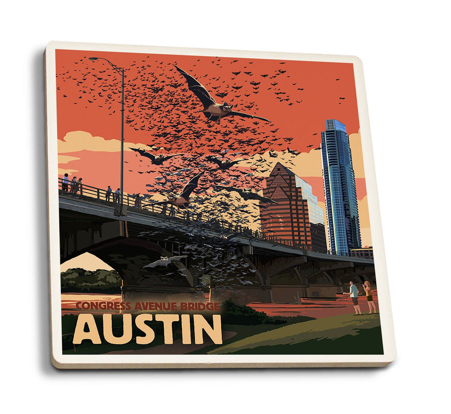 Austin, Texas, Bats & Congress Avenue Bridge, Lantern Press Artwork, Coaster Set Coasters Lantern Press 
