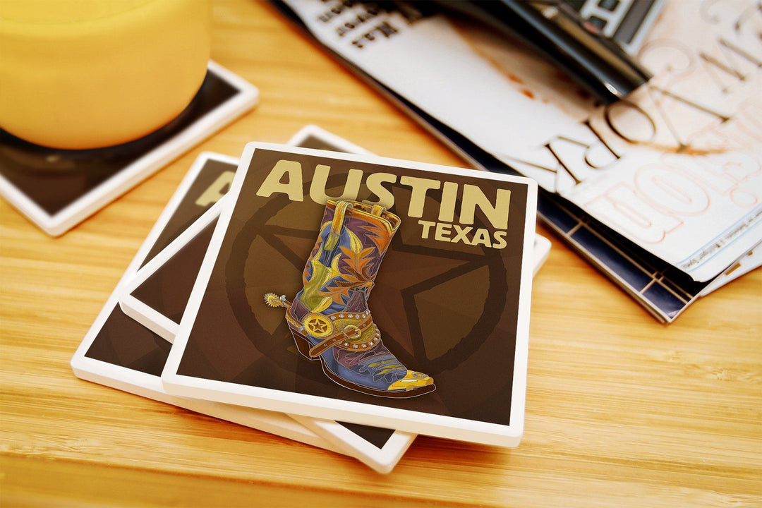 Austin, Texas, Boot & Star, Lantern Press Artwork, Coaster Set Coasters Lantern Press 