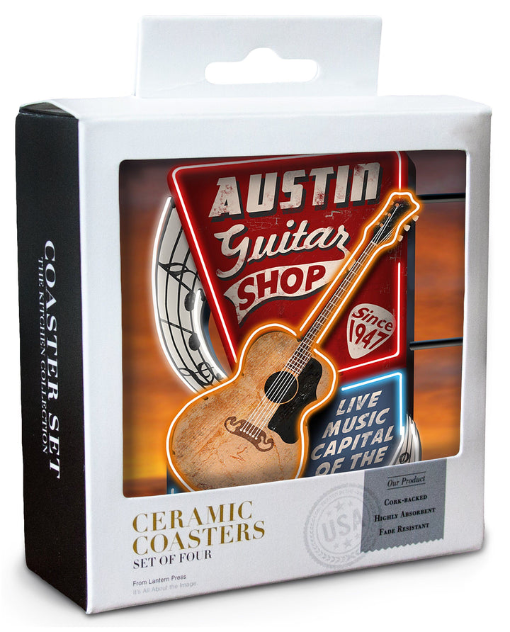 Austin, Texas, Guitar Shop Vintage Sign, Lantern Press Artwork, Coaster Set Coasters Lantern Press 