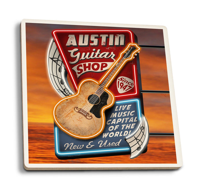Austin, Texas, Guitar Shop Vintage Sign, Lantern Press Artwork, Coaster Set Coasters Lantern Press 