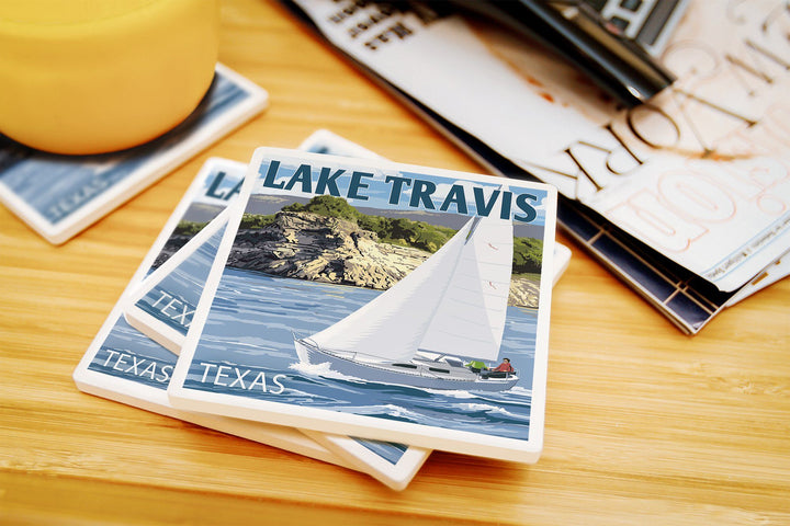 Austin, Texas, Lake Travis Sailing Scene, Lantern Press Artwork, Coaster Set Coasters Lantern Press 