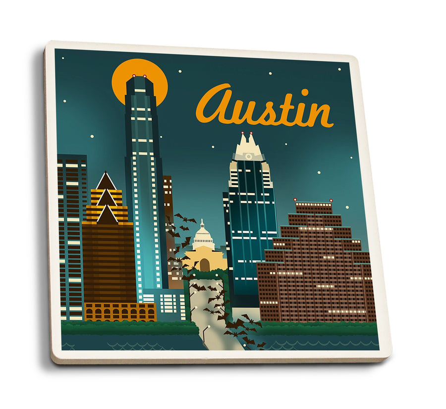 Austin, Texas, Retro Skyline, Lantern Press Artwork, Coaster Set Coasters Lantern Press 