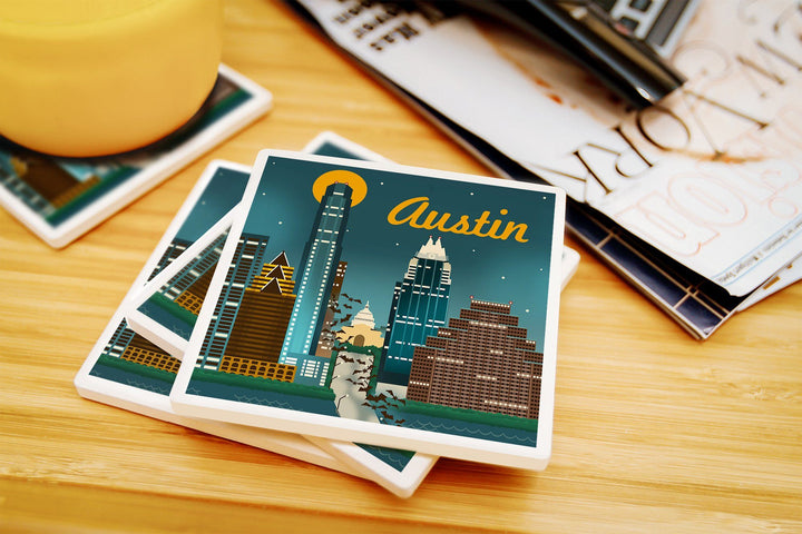 Austin, Texas, Retro Skyline, Lantern Press Artwork, Coaster Set Coasters Lantern Press 