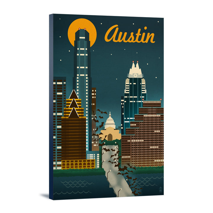 Austin, Texas, Retro Skyline, Lantern Press Artwork, Stretched Canvas Canvas Lantern Press 12x18 Stretched Canvas 