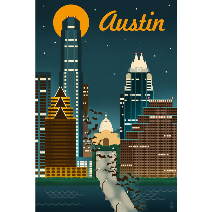 Austin, Texas, Retro Skyline, Lantern Press Artwork, Stretched Canvas Canvas Lantern Press 
