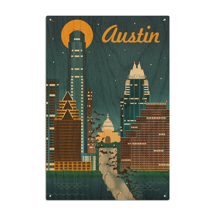 Austin, Texas, Retro Skyline, Lantern Press Artwork, Wood Signs and Postcards Wood Lantern Press 10 x 15 Wood Sign 