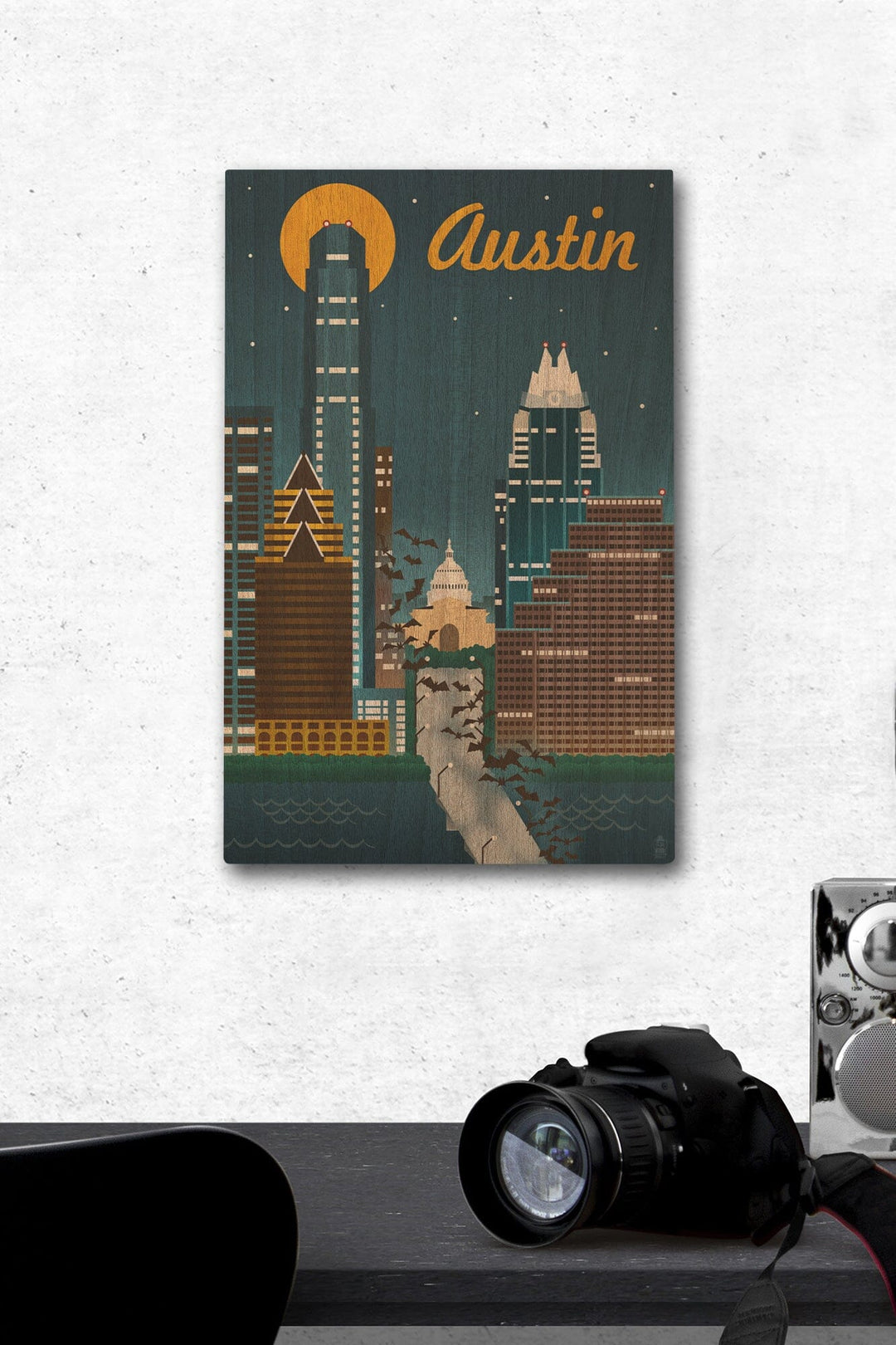 Austin, Texas, Retro Skyline, Lantern Press Artwork, Wood Signs and Postcards Wood Lantern Press 12 x 18 Wood Gallery Print 