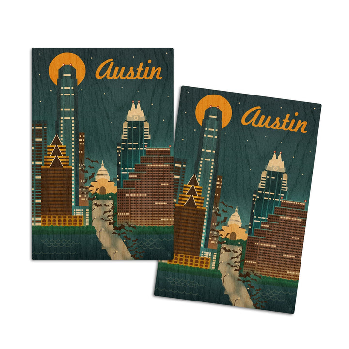 Austin, Texas, Retro Skyline, Lantern Press Artwork, Wood Signs and Postcards Wood Lantern Press 4x6 Wood Postcard Set 