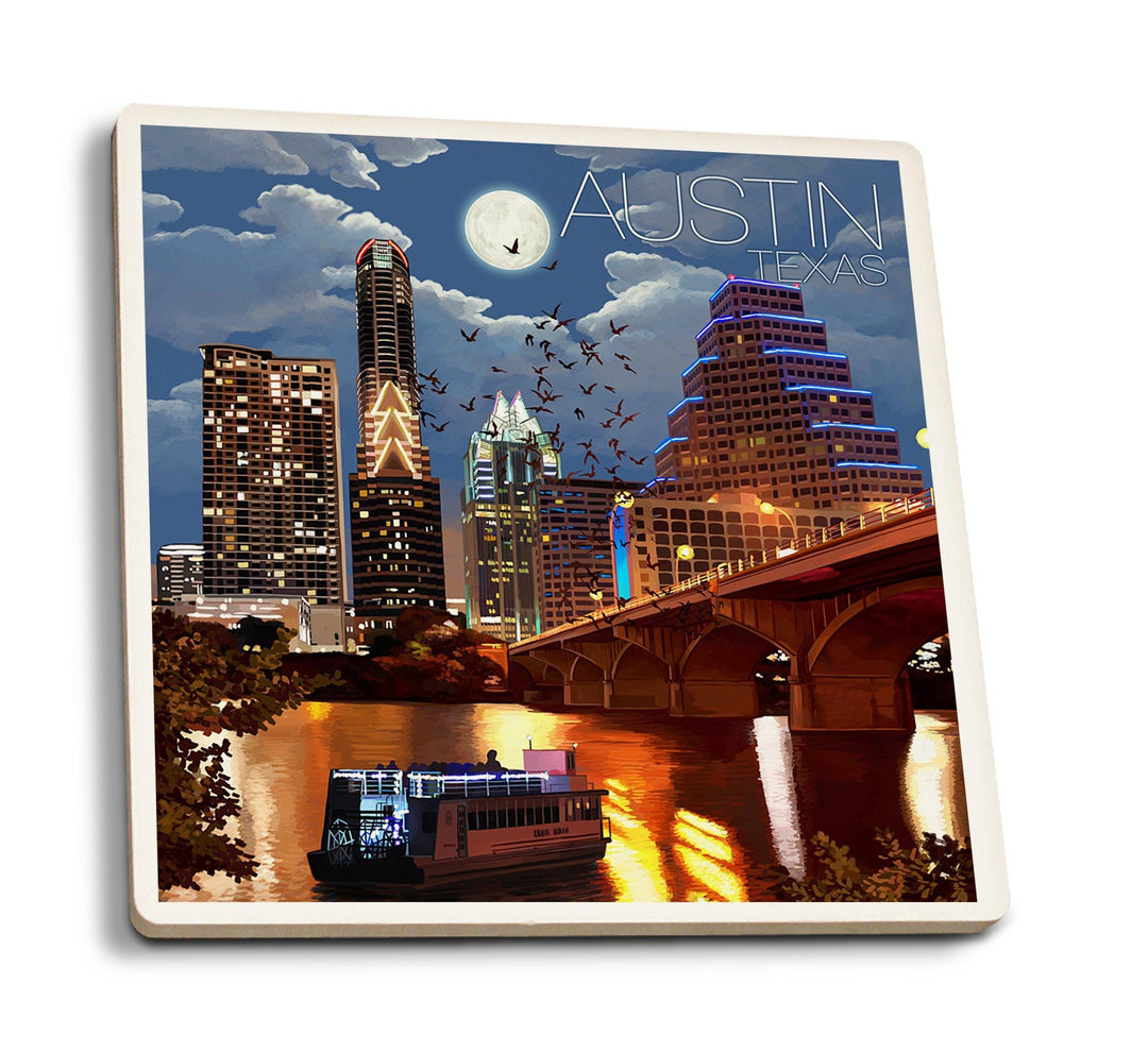Austin, Texas, Skyline at Night, Lantern Press Artwork, Coaster Set Coasters Lantern Press 