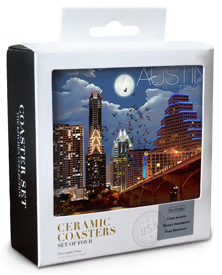 Austin, Texas, Skyline at Night, Lantern Press Artwork, Coaster Set Coasters Lantern Press 