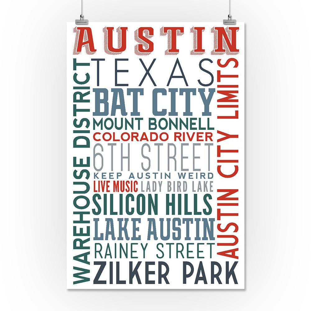 Austin, Texas, Typography, Lantern Press Artwork, Art Prints and Metal Signs Art Lantern Press 16 x 24 Giclee Print 