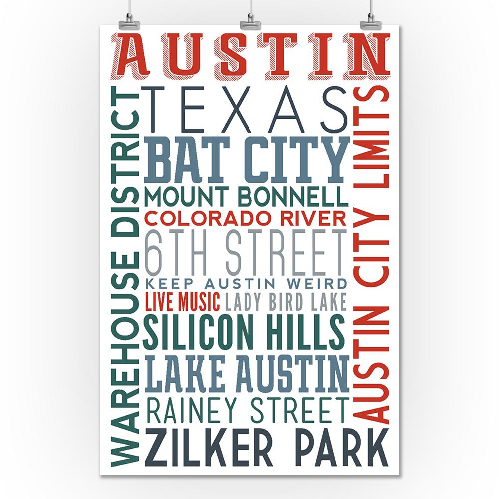 Austin, Texas, Typography, Lantern Press Artwork, Art Prints and Metal Signs Art Lantern Press 24 x 36 Giclee Print 