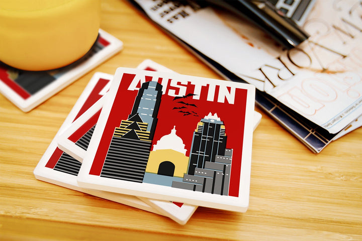 Austin, Texas, Woodblock, Lantern Press Artwork, Coaster Set Coasters Lantern Press 
