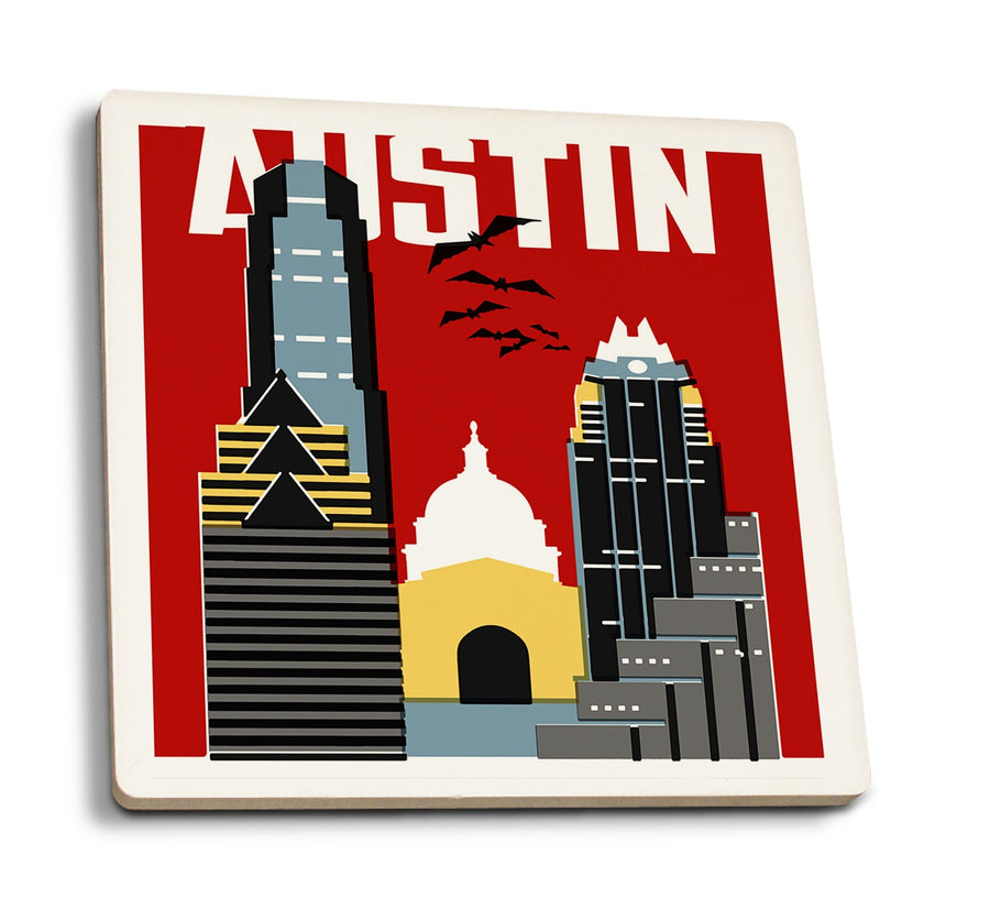 Austin, Texas, Woodblock, Lantern Press Artwork, Coaster Set Coasters Lantern Press 