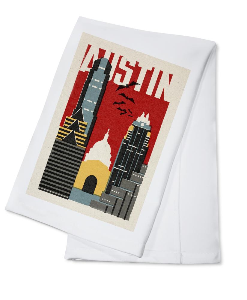 Austin, Texas, Woodblock, Lantern Press Artwork, Towels and Aprons Kitchen Lantern Press 