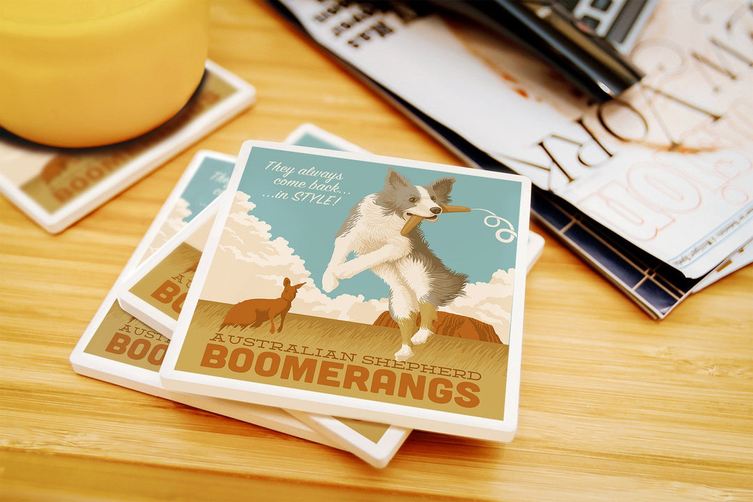 Australian Shepherd, Retro Boomerang Ad, Lantern Press Artwork, Coaster Set Coasters Lantern Press 