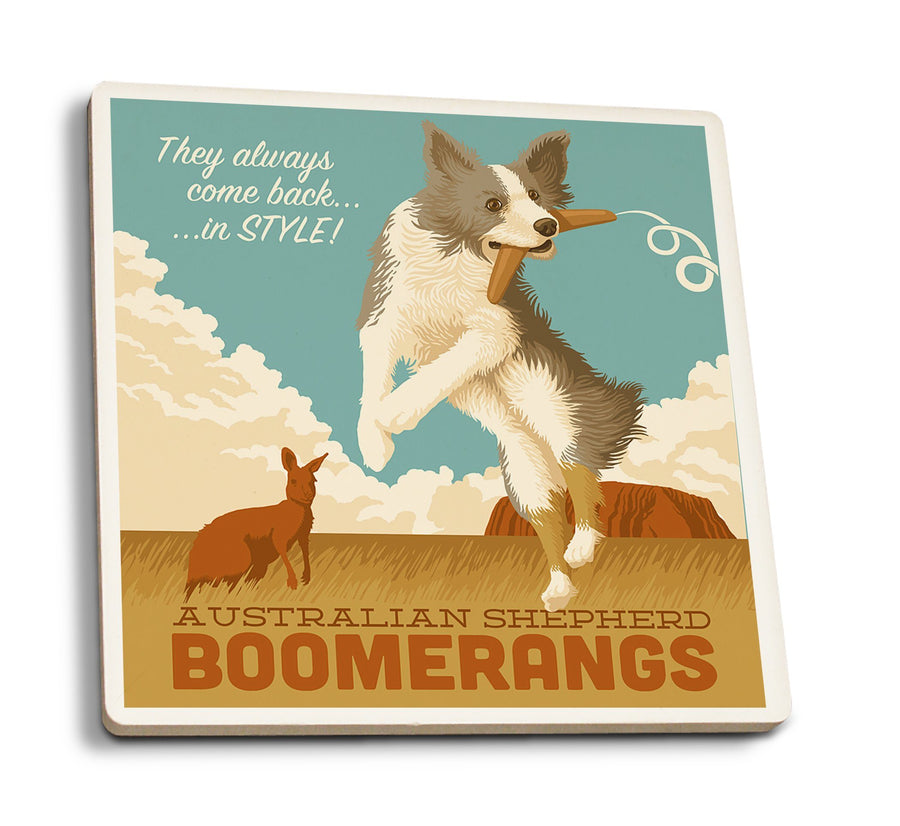 Australian Shepherd, Retro Boomerang Ad, Lantern Press Artwork, Coaster Set Coasters Lantern Press 