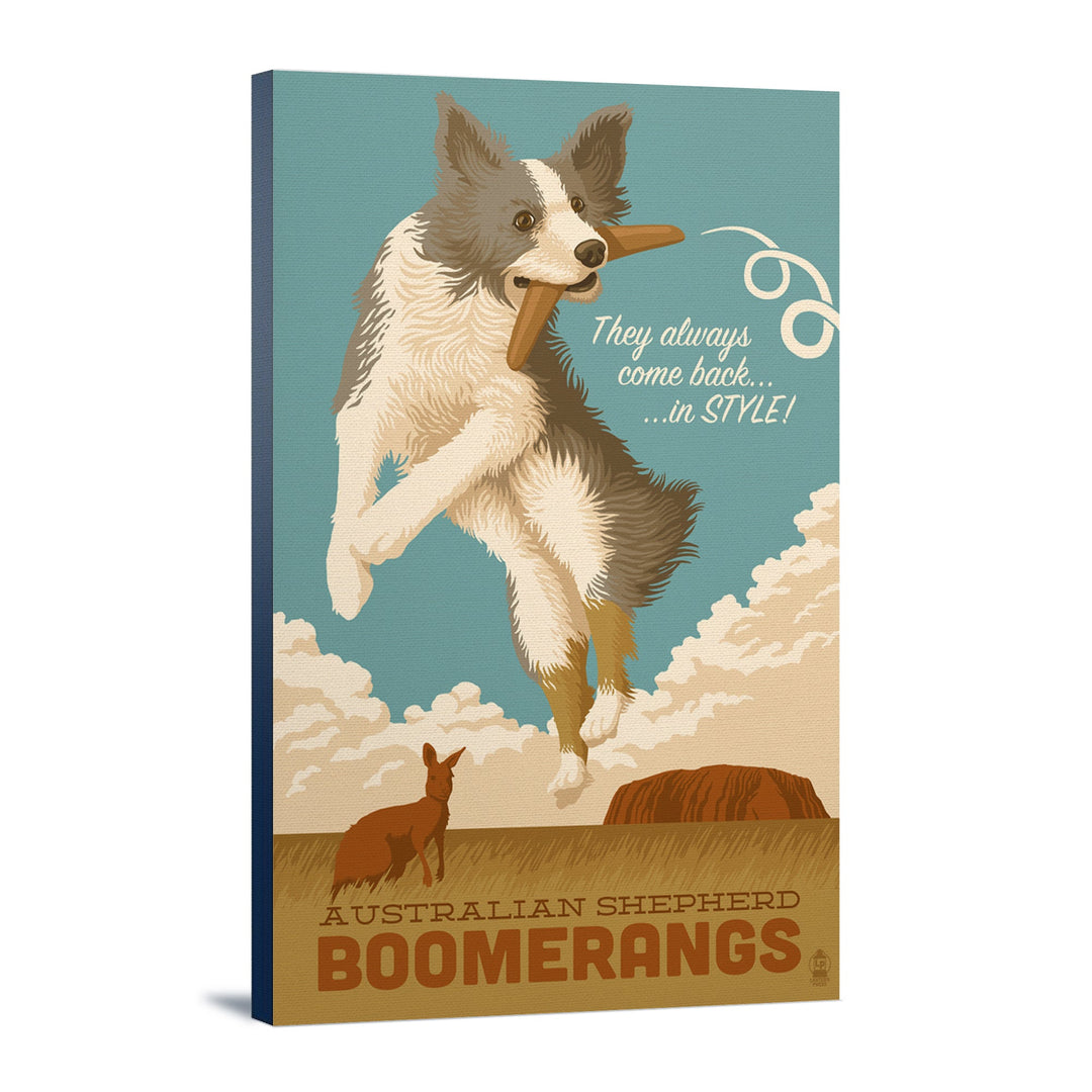 Australian Shepherd, Retro Boomerang Ad, Lantern Press Artwork, Stretched Canvas Canvas Lantern Press 12x18 Stretched Canvas 