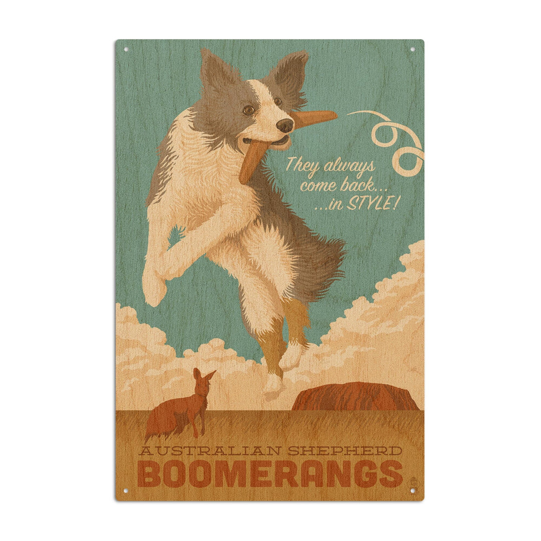 Australian Shepherd, Retro Boomerang Ad, Lantern Press Artwork, Wood Signs and Postcards Wood Lantern Press 10 x 15 Wood Sign 
