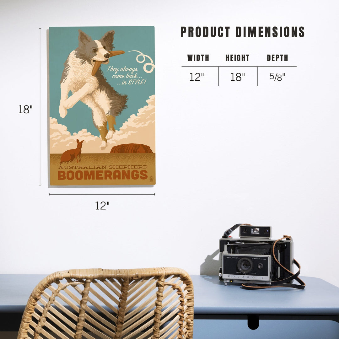 Australian Shepherd, Retro Boomerang Ad, Lantern Press Artwork, Wood Signs and Postcards Wood Lantern Press 