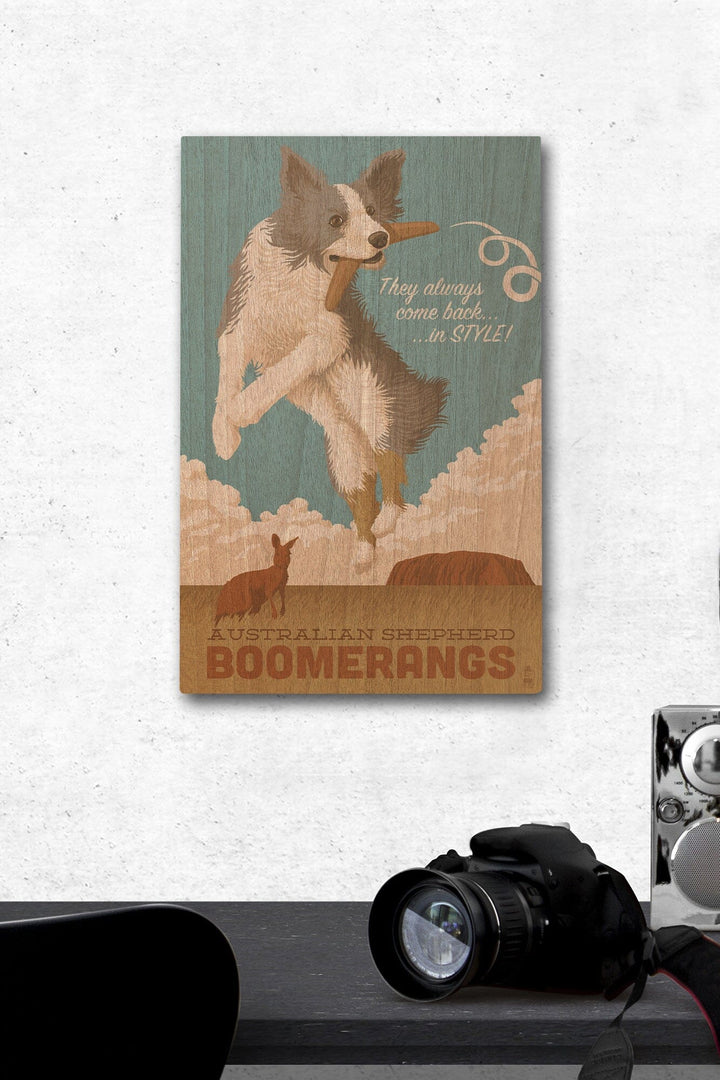 Australian Shepherd, Retro Boomerang Ad, Lantern Press Artwork, Wood Signs and Postcards Wood Lantern Press 12 x 18 Wood Gallery Print 