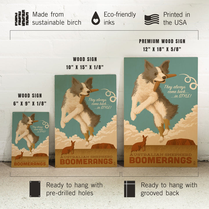 Australian Shepherd, Retro Boomerang Ad, Lantern Press Artwork, Wood Signs and Postcards Wood Lantern Press 