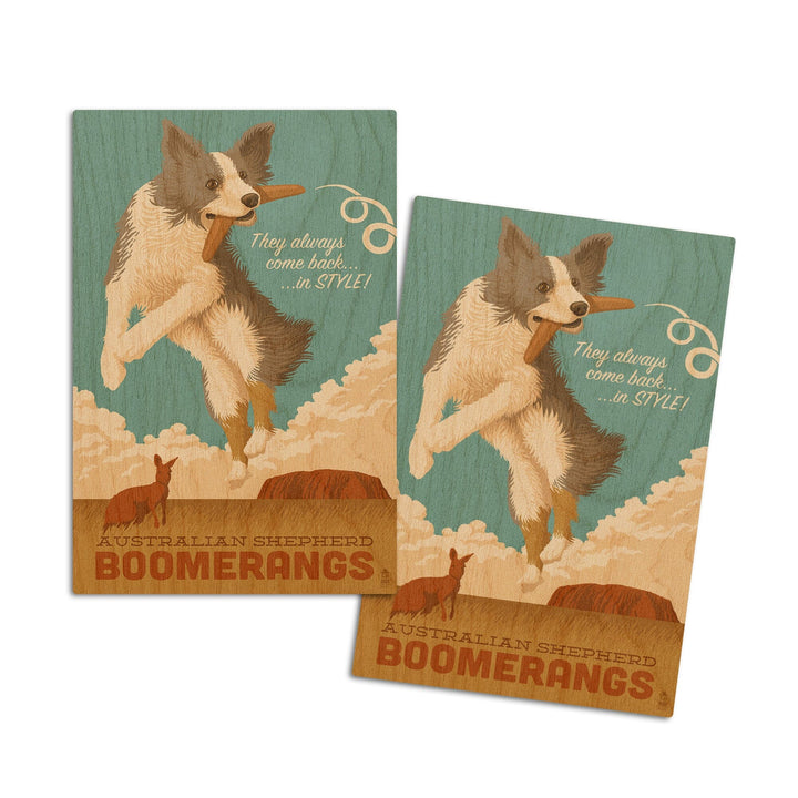Australian Shepherd, Retro Boomerang Ad, Lantern Press Artwork, Wood Signs and Postcards Wood Lantern Press 4x6 Wood Postcard Set 