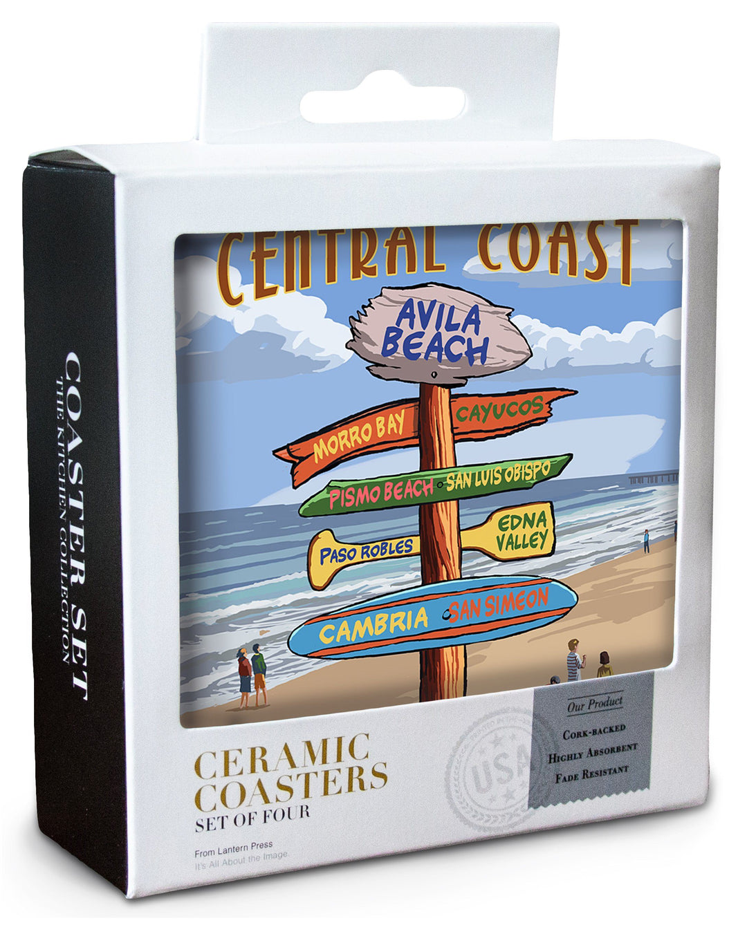 Avila Beach, California, Destination Signpost, Beach, Lantern Press Artwork, Coaster Set Coasters Lantern Press 