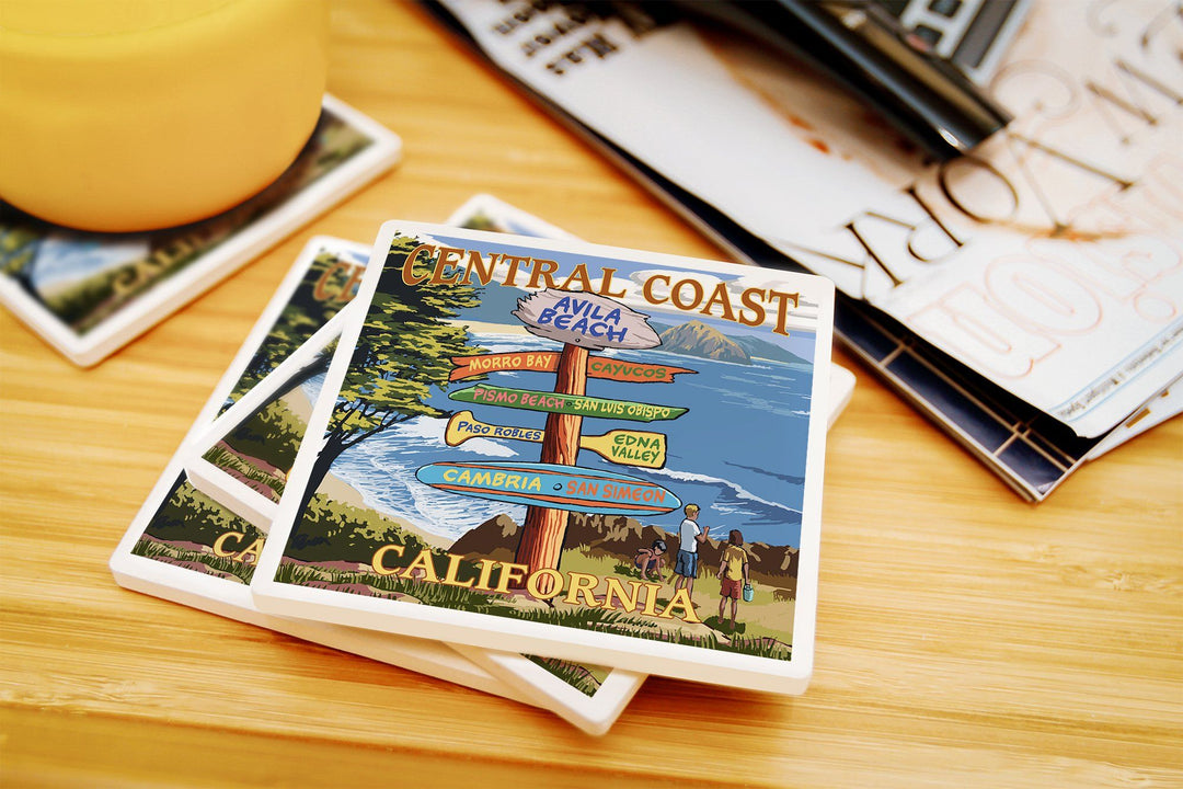 Avila Beach, California, Destination Signpost, Lantern Press Artwork, Coaster Set Coasters Lantern Press 