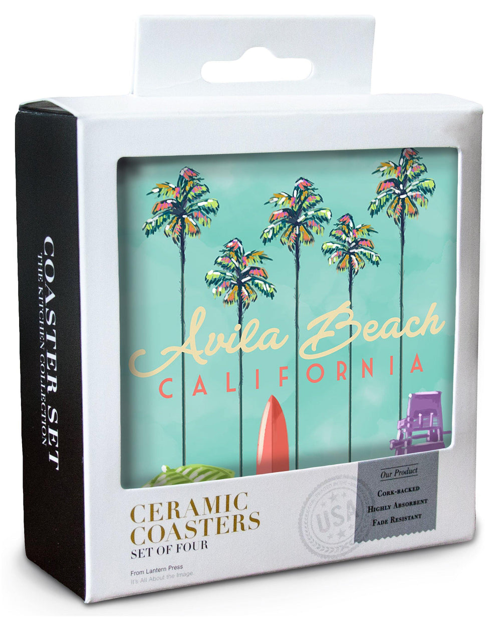 Avila Beach, California, Tall Palms Beach Scene, Lantern Press Artwork, Coaster Set Coasters Lantern Press 