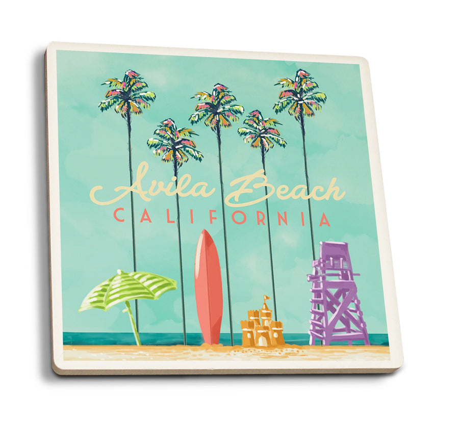 Avila Beach, California, Tall Palms Beach Scene, Lantern Press Artwork, Coaster Set Coasters Lantern Press 