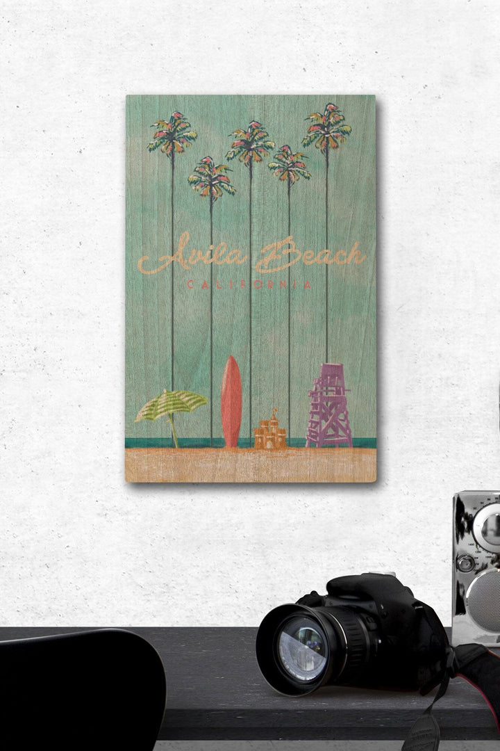 Avila Beach, California, Tall Palms Beach Scene, Lantern Press Artwork, Wood Signs and Postcards Wood Lantern Press 12 x 18 Wood Gallery Print 