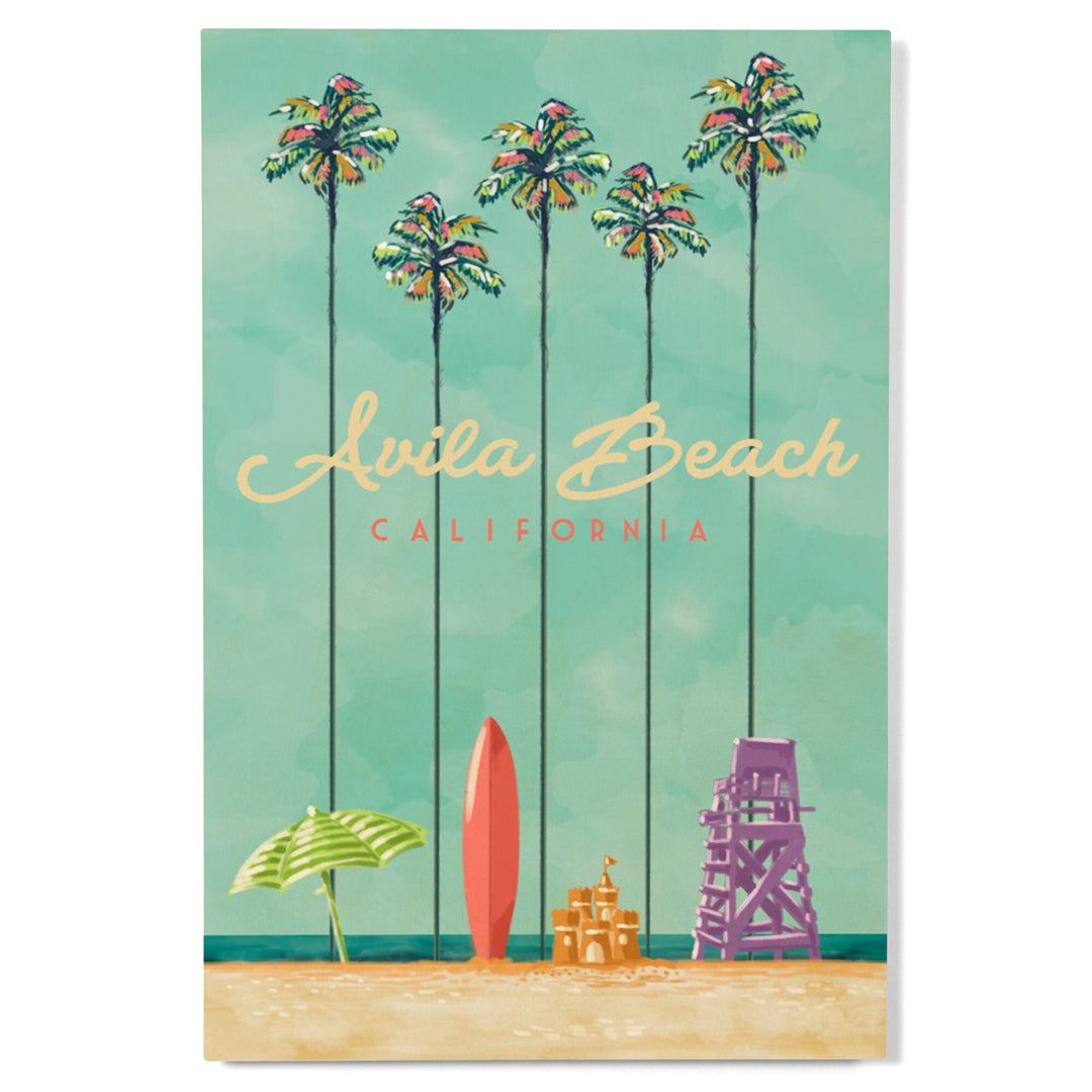 Avila Beach, California, Tall Palms Beach Scene, Lantern Press Artwork, Wood Signs and Postcards Wood Lantern Press 