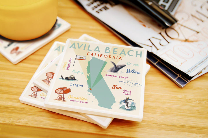 Avila Beach, California, Typography & Icons, Lantern Press Artwork, Coaster Set Coasters Lantern Press 