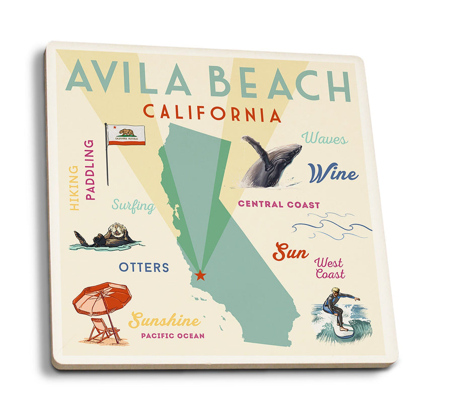 Avila Beach, California, Typography & Icons, Lantern Press Artwork, Coaster Set Coasters Lantern Press 