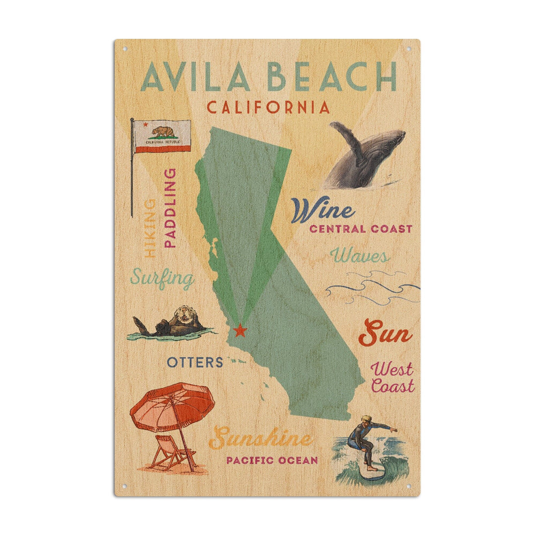 Avila Beach, California, Typography & Icons, Lantern Press Artwork, Wood Signs and Postcards Wood Lantern Press 10 x 15 Wood Sign 