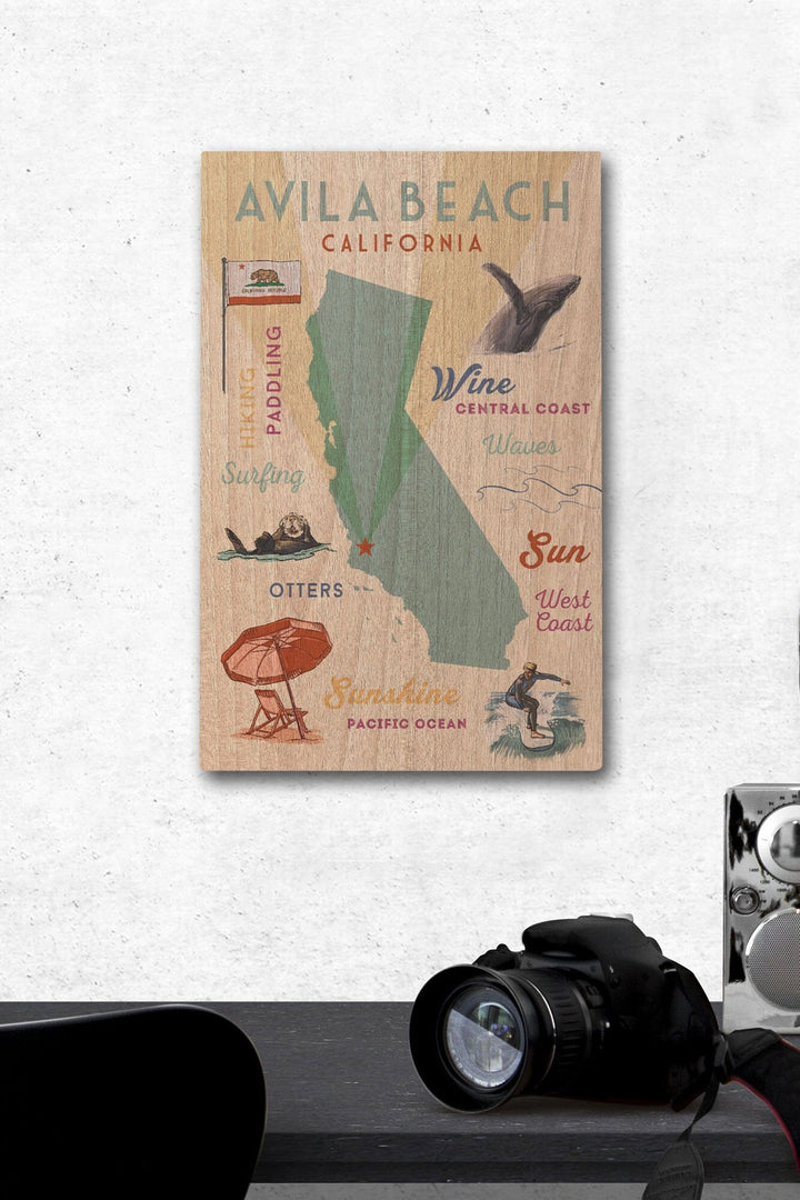Avila Beach, California, Typography & Icons, Lantern Press Artwork, Wood Signs and Postcards Wood Lantern Press 12 x 18 Wood Gallery Print 